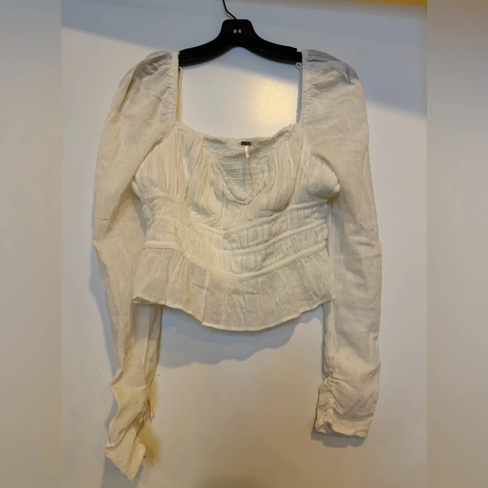 Free People Women's White Chloe Smocked Tie Neck Cotton Blouse Top Size M